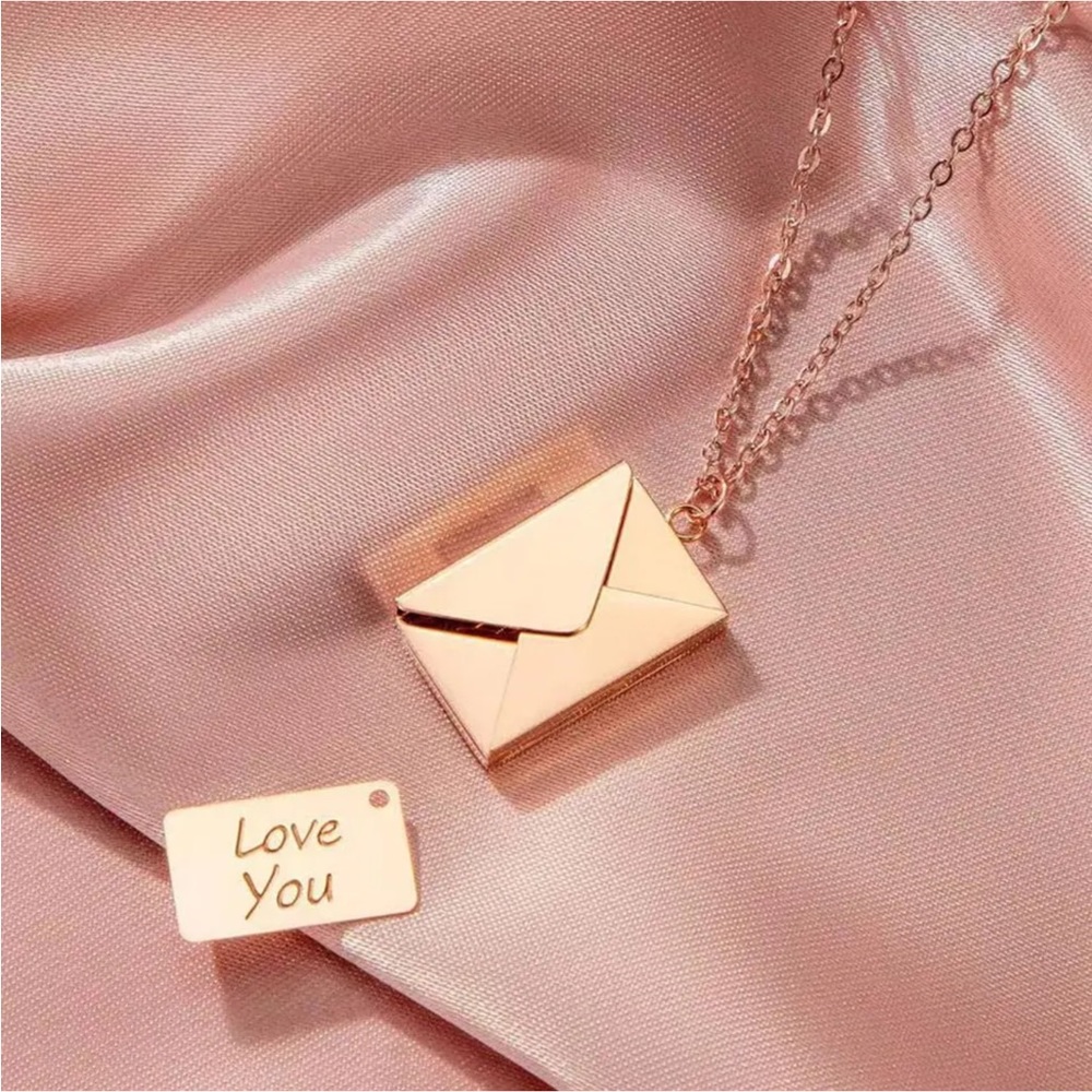 NEW. Gold Tone Stainless Steel Envelope Locket & Love Letter Necklace.